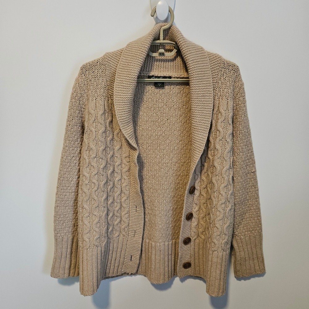 Eddie Bauer Cable Knit Shawl Cardigan Sweater S Tan Lambswool Blend Fishermen